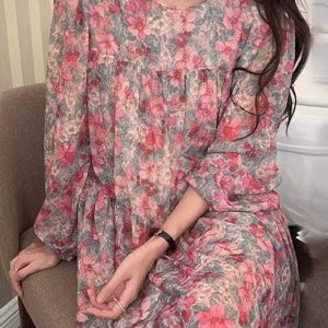 Floral Chiffon Long Sleeve Dress - Y2K Aesthetic Cute Dress for Coquette Style Outfits