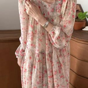 Floral Chiffon Long Sleeve Dress - Y2K Aesthetic Cute Dress for Coquette Style Outfits