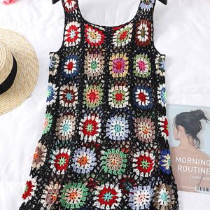 Floral Crochet Tank Dress - Y2K Aesthetic Cute Summer Outfit for Boho and Coquette Styles