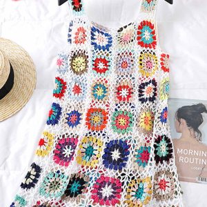 Floral Crochet Tank Dress - Y2K Aesthetic Cute Summer Outfit for Boho and Coquette Styles