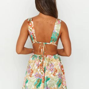 Floral Deep V-Neck Open Back Gathered Skirt - Y2K Casual Hot Girl Holiday Style