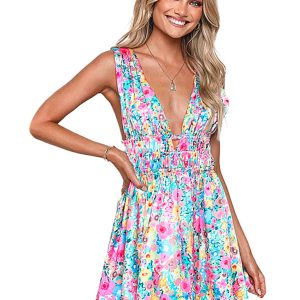 Floral Deep V-Neck Open Back Gathered Skirt - Y2K Casual Hot Girl Holiday Style