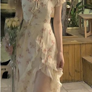 Floral Elegant Short Sleeve Midi Dress for Women - Casual Summer Party One Piece in Vintage Style