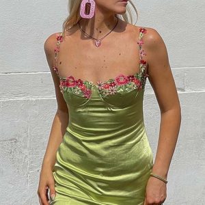 Floral Embroidery Solid Color Cami Dress - Y2K Aesthetic Cute Summer Outfit