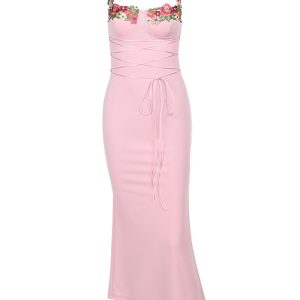 Floral Embroidery Y2K Strappy Dress for Coquette Aesthetic and Cute Outfits