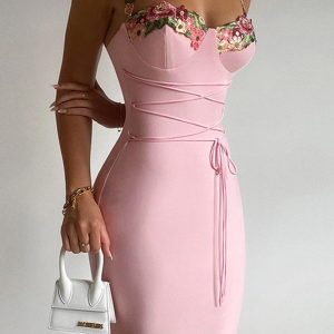 Floral Embroidery Y2K Strappy Dress for Coquette Aesthetic and Cute Outfits