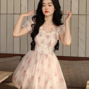 Floral Fairy Bodycon Mini Dress for Women - Elegant Summer Party Print in Pink Y2K Style