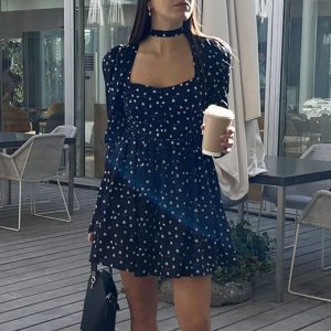 Floral Folds Print Dress for Women - Retro Long Sleeve Casual Summer Dress in France Aesthetic