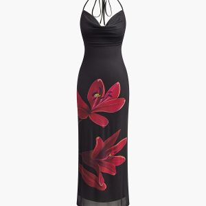 Floral Halter Drawstring Backless Dress - Y2K Aesthetic Summer Vibes