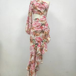 Floral Irregular Ruffle Dress with Slanted Shoulder - Summer One Shoulder Cut Out Party Dress