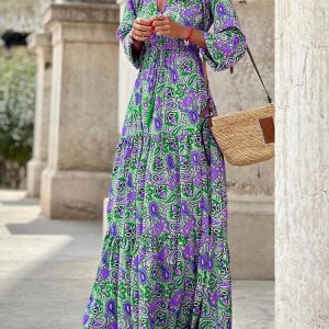 Floral Long Sleeve V Neck Dress - Elegant Vintage Beach Sundress for Summer Casual Style