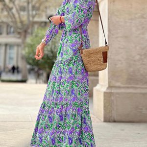 Floral Long Sleeve V Neck Dress - Elegant Vintage Beach Sundress for Summer Casual Style