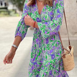 Floral Long Sleeve V Neck Dress - Elegant Vintage Beach Sundress for Summer Casual Style