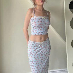 Floral Matching Suit Print Y2K Club Co-Ord Set: Sexy Bra Top Vest & Maxi Skirt for Summer