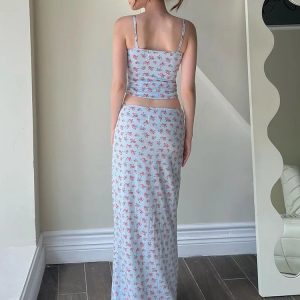 Floral Matching Suit Print Y2K Club Co-Ord Set: Sexy Bra Top Vest & Maxi Skirt for Summer