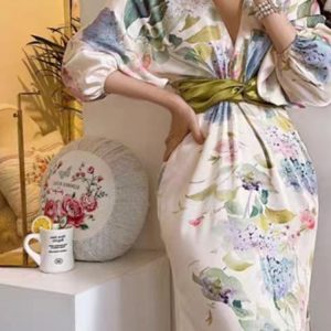 Floral Midi Dress for Women - Long Sleeve Casual Party Dress with Puff Sleeves, 2023 Y2K Style