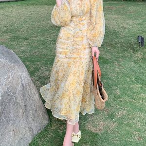 Floral Midi Dress for Women - Long Sleeve Vintage French Style A-Line Spring Summer 2023