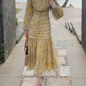 Floral Midi Dress for Women - Long Sleeve Vintage French Style A-Line Spring Summer 2023