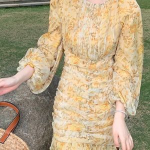 Floral Midi Dress for Women - Long Sleeve Vintage French Style A-Line Spring Summer 2023