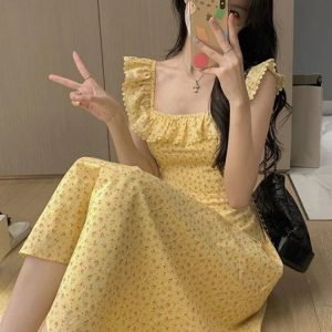 Floral Midi Dress with Ruffles and Square Collar - Y2K Aesthetic Summer Style for Girls