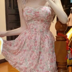 Floral Mini Dress for Women - High Waist Pink Kawaii Vintage Strapless Summer Aesthetic Fashion