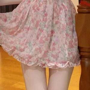 Floral Mini Dress for Women - High Waist Pink Kawaii Vintage Strapless Summer Aesthetic Fashion