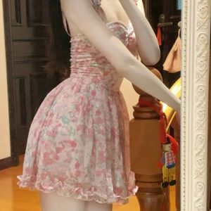 Floral Mini Dress for Women - High Waist Pink Kawaii Vintage Strapless Summer Aesthetic Fashion