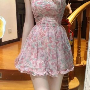 Floral Mini Dress for Women - High Waist Pink Kawaii Vintage Strapless Summer Aesthetic Fashion