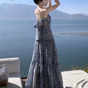 Floral Off-Shoulder Backless Slip Dress - Y2K Aesthetic Ankle-Length Beach Vacation Dress