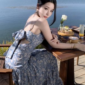 Floral Off-Shoulder Backless Slip Dress - Y2K Aesthetic Ankle-Length Beach Vacation Dress