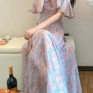 Floral Off-Shoulder Dress for Women - Vintage French Elegant Summer Aesthetic Spliced Design