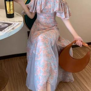 Floral Off-Shoulder Dress for Women - Vintage French Elegant Summer Aesthetic Spliced Design