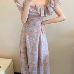 Floral Off-Shoulder Dress for Women - Vintage French Elegant Summer Aesthetic Spliced Design