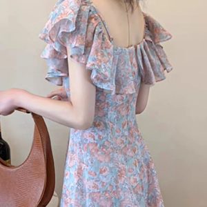 Floral Off-Shoulder Dress for Women - Vintage French Elegant Summer Aesthetic Spliced Design