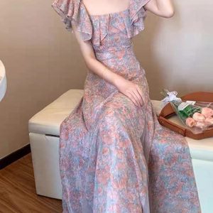 Floral Off-Shoulder Dress for Women - Vintage French Elegant Summer Aesthetic Spliced Design