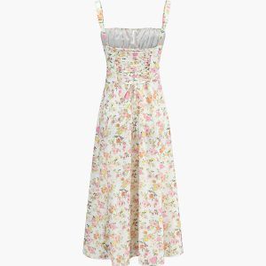 Floral Pleated Tie Long Dress - Y2K Aesthetic Maxi Dress for Effortless Coquette Style