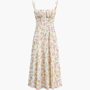 Floral Pleated Tie Long Dress - Y2K Aesthetic Maxi Dress for Effortless Coquette Style