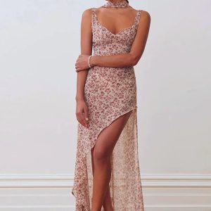 Floral Print Backless Bodycon Maxi Dress - Y2K Chiffon Sleeveless V Neck Beach Sundress