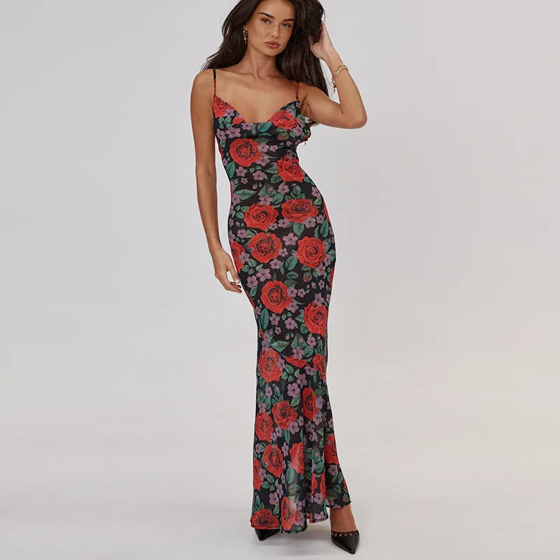 Floral Print Backless Bodycon Maxi Dress - Y2K Sexy Sleeveless V Neck Summer Party Outfit