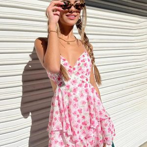 Floral Print Bodycon Mini Dress with V Neck & Spaghetti Straps for Club Party Vibes