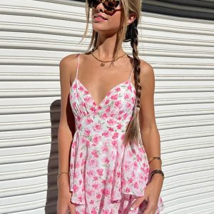 Floral Print Bodycon Mini Dress with V Neck & Spaghetti Straps for Club Party Vibes