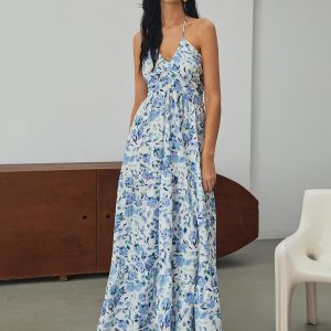 Floral Print Halter Maxi Dress - Y2K Aesthetic Summer Vibes for Effortless Style