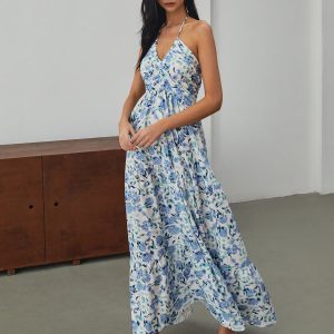 Floral Print Halter Maxi Dress - Y2K Aesthetic Summer Vibes for Effortless Style