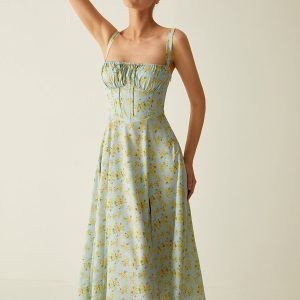 Floral Print Knotted Midi Dress - Y2K Aesthetic with Split Design for Trendy Outfits