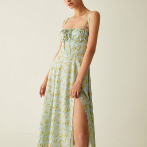 Floral Print Knotted Midi Dress - Y2K Aesthetic with Split Design for Trendy Outfits