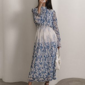 Floral Print Pleated Long Dress - Y2K Aesthetic Fashion for Effortless Style