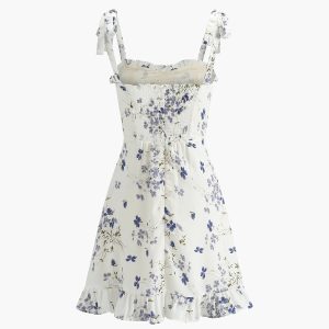 Floral Print Ruffle Knotted Short Dress with Shirred Back for Y2K Coquette Aesthetic