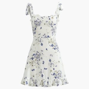 Floral Print Ruffle Knotted Short Dress with Shirred Back for Y2K Coquette Aesthetic