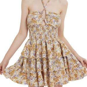 Floral Print Sexy Halterneck Tutu Dress with Waist-Length Design for Y2K Aesthetic