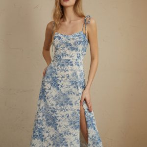 Floral Print Shirred Split Midi Dress - Y2K Aesthetic Dress for Effortless Style